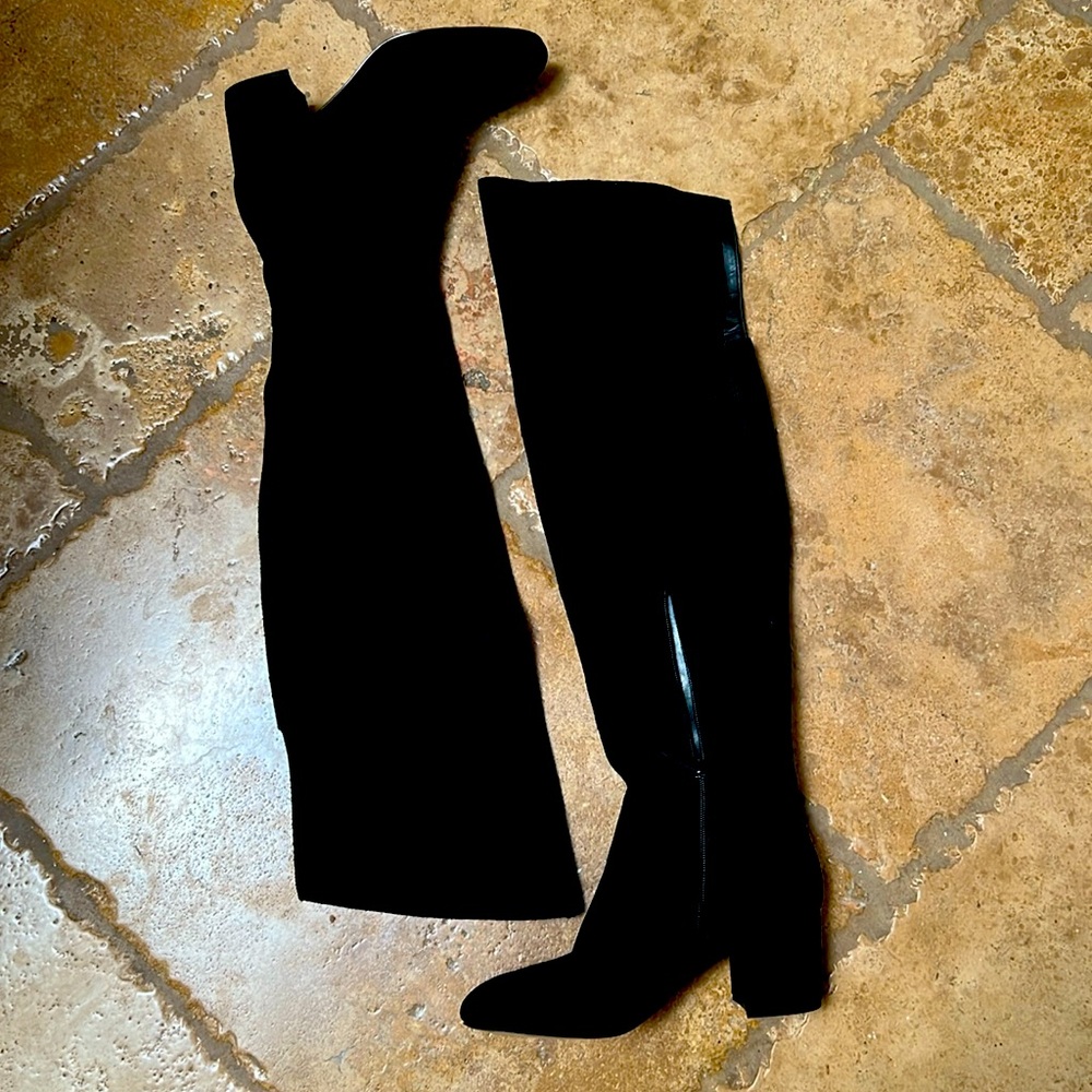 WHBM Black Suede Over Knee Boots - Block Heel